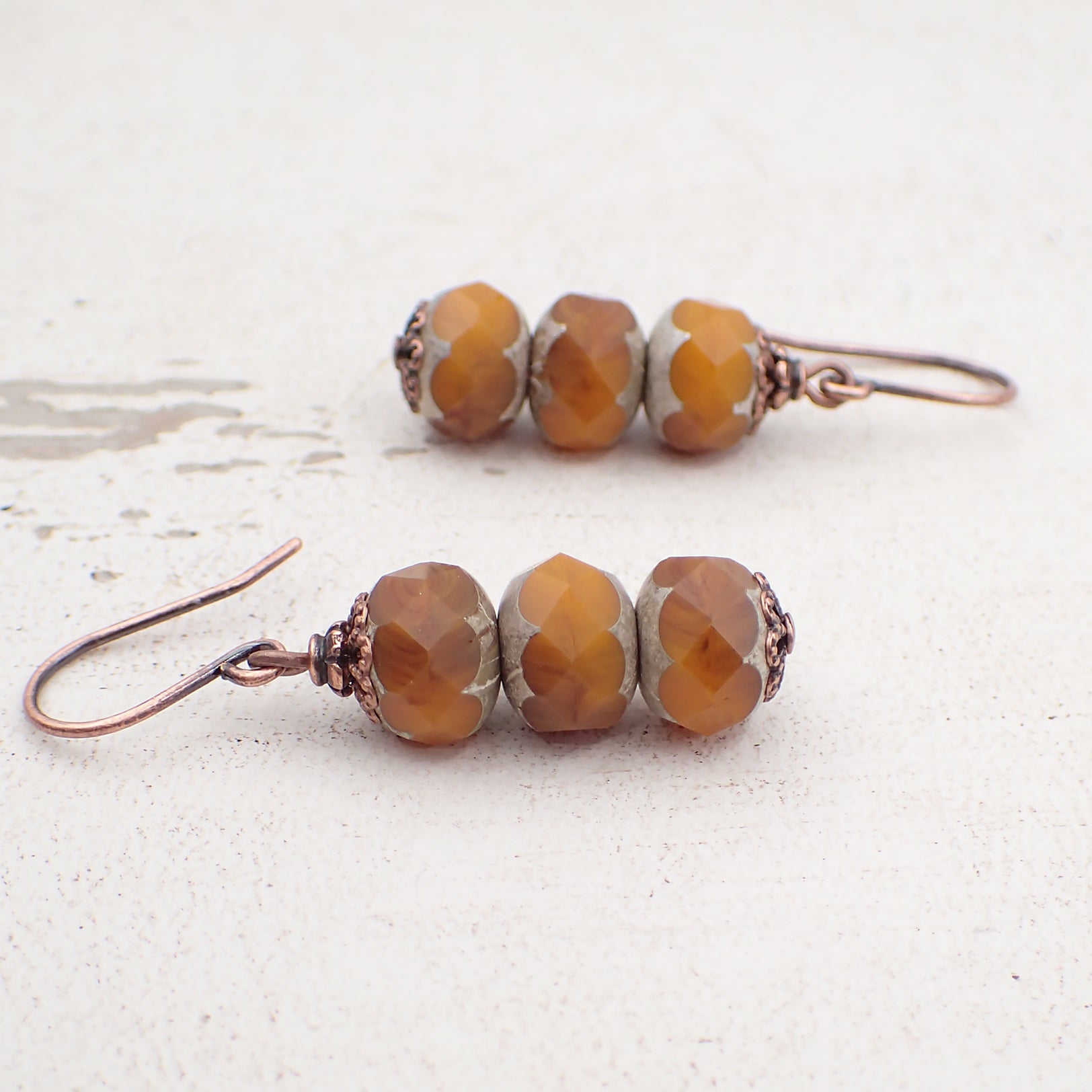 Pumpkin Orange Artisan Czech Glass Stacked Rondelle Earrings with Antiqued Copper