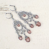 Blush Pink Victorian Style Chandelier Earrings with Crystals and Antiqued Silver