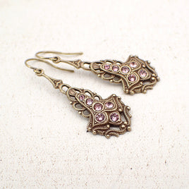 Antique Style Drop Earrings with Dusty Pink Crystals