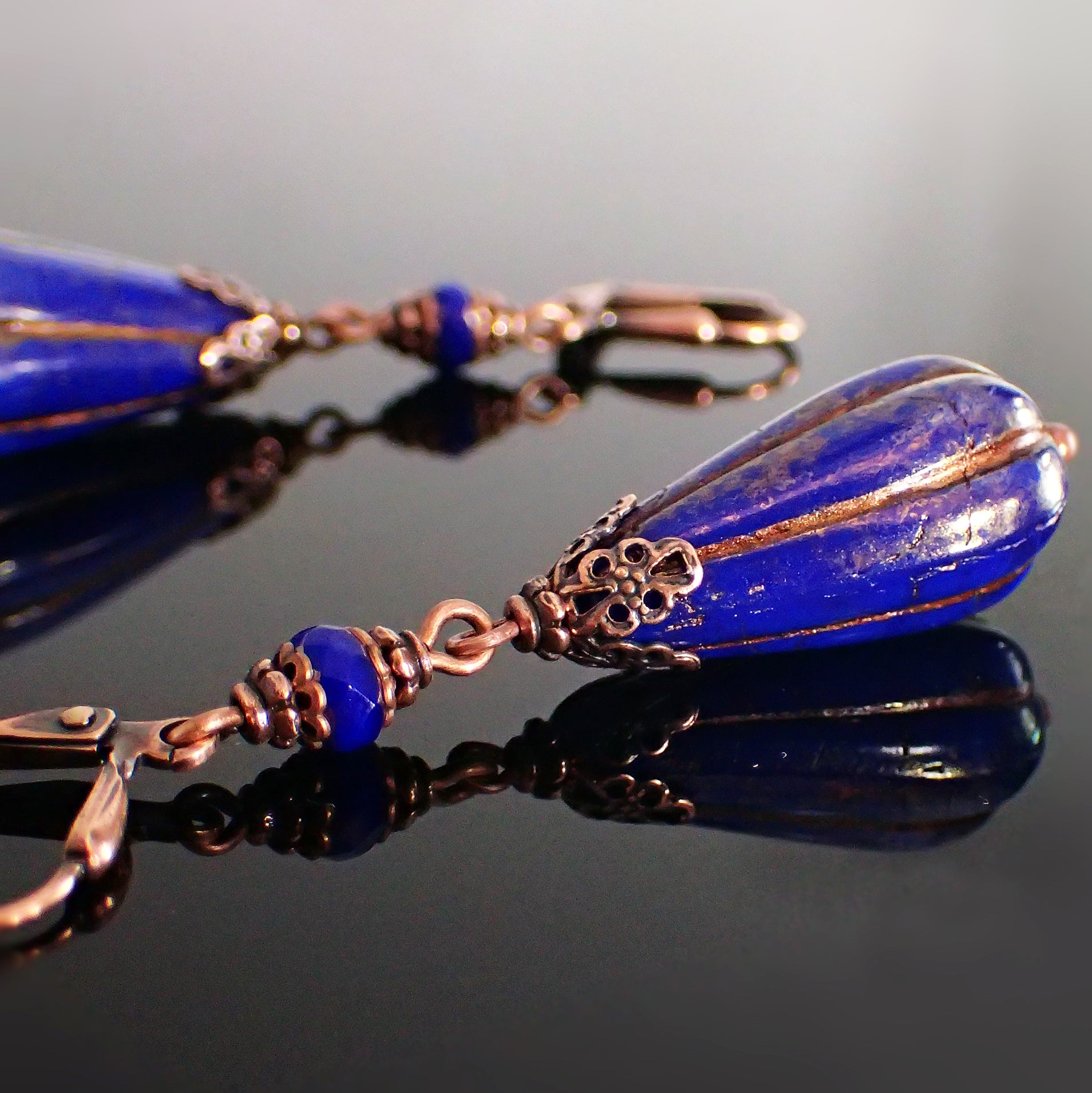 Cobalt Royal Blue and Antiqued Copper Victorian Style Teardrop Bead Earrings