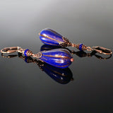 Cobalt Blue and Antiqued Copper Victorian Style Teardrop Bead Earrings