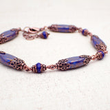 Artisan Czech Glass Beaded Bracelet with Cobalt Blue Beads and Antiqued Copper Details Custom Size