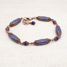 Artisan Czech Glass Beaded Bracelet with Cobalt Blue Beads and Antiqued Copper Details Custom Size