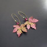 Color Shifting Maple Leaf Earrings With Fuchsia Pink and Light Green Crystals