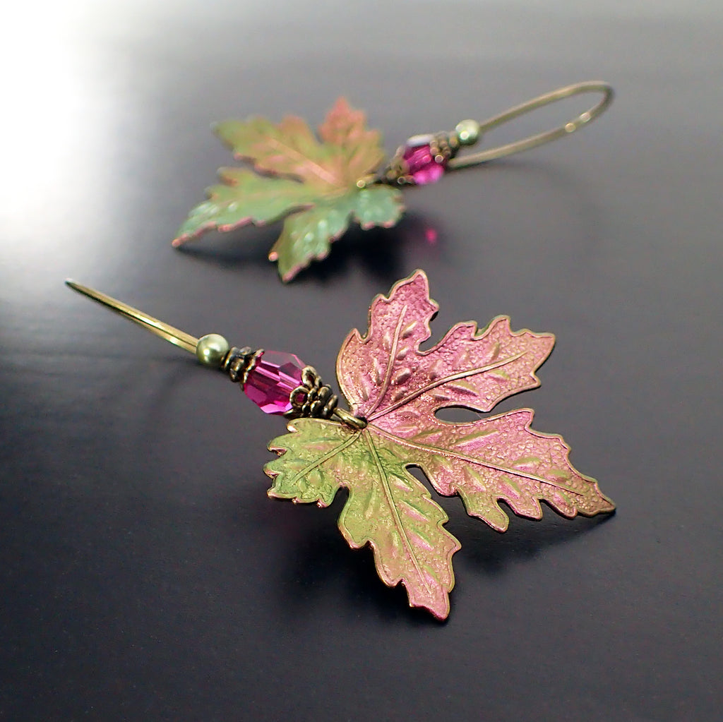 Color Shifting Maple Leaf Earrings With Fuchsia Pink and Light Green Crystals