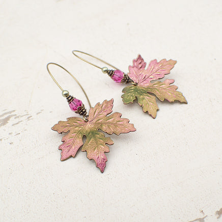 handmade iridescent color-shifting maple leaf earrings in antiqued brass with Austrian crystal beads