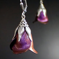 Iridescent Color Shifting Flower Earrings, Fuchsia and Copper Victorian Tulip Drops with Antiqued Silver Metal