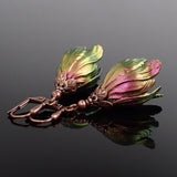 Iridescent Color Shifting Large Tulip Flower Earrings, Fuchsia and Green