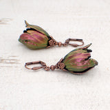 Iridescent Color Shifting Large Tulip Flower Earrings, Fuchsia and Green