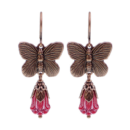 Copper Butterfly and Red Flower Dangle Earrings