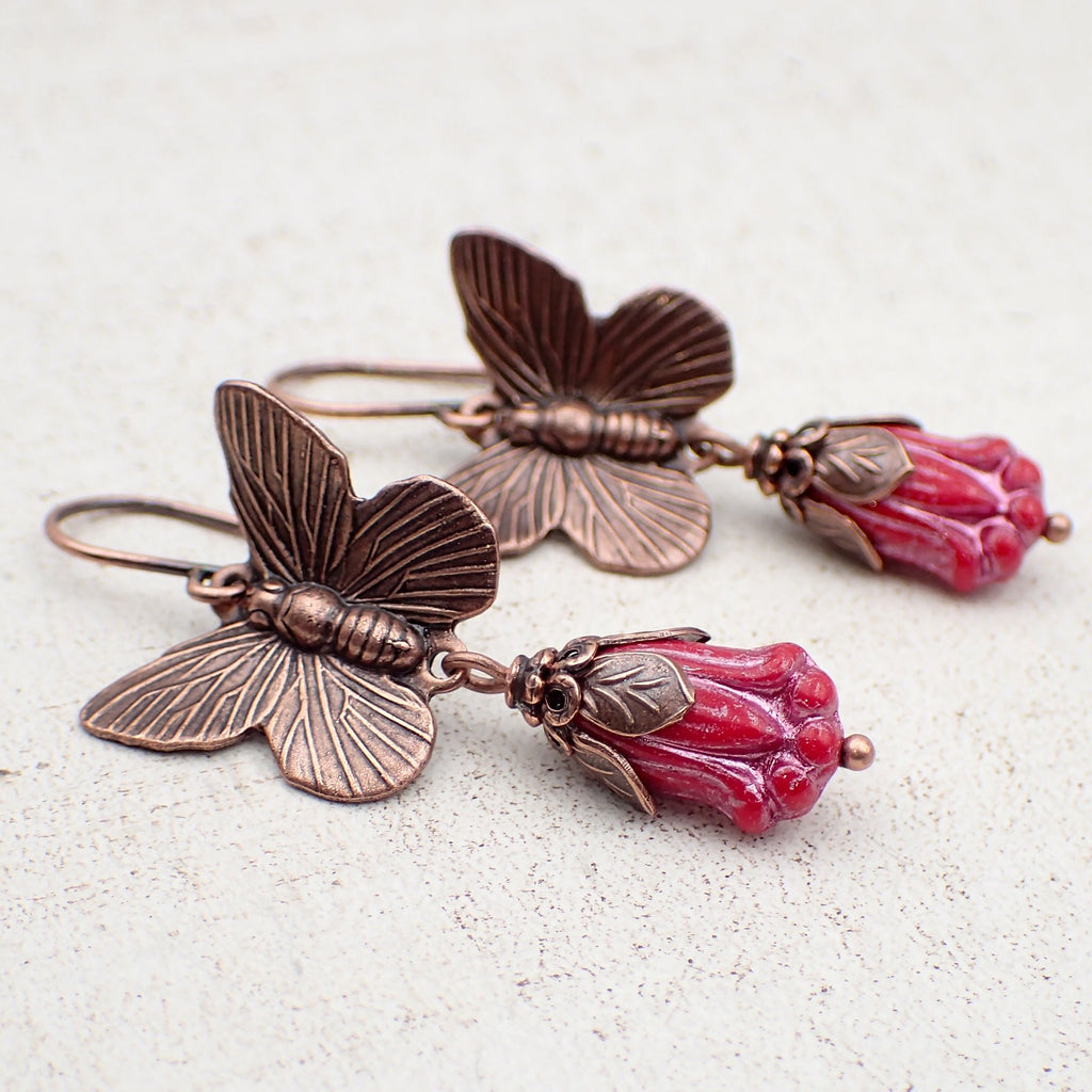 Copper Butterfly and Red Flower Dangle Earrings