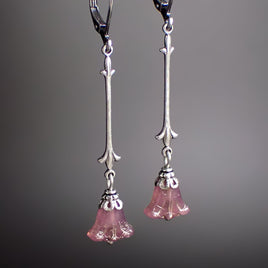 Rosy Pink Art Nouveau Lily Earrings with Antiqued Silver and Designer Czech Glass Beads