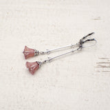Rosy Pink Art Nouveau Lily Earrings with Antiqued Silver and Designer Czech Glass Beads