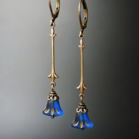 Dark Blue Lily Earrings with Antiqued Bronze Brass and Designer Czech Glass Beads