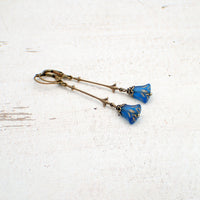 Dark Blue Lily Earrings with Antiqued Bronze Brass and Designer Czech Glass Beads