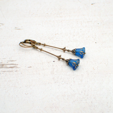Dark Blue Lily Earrings with Antiqued Bronze Brass and Designer Czech Glass Beads