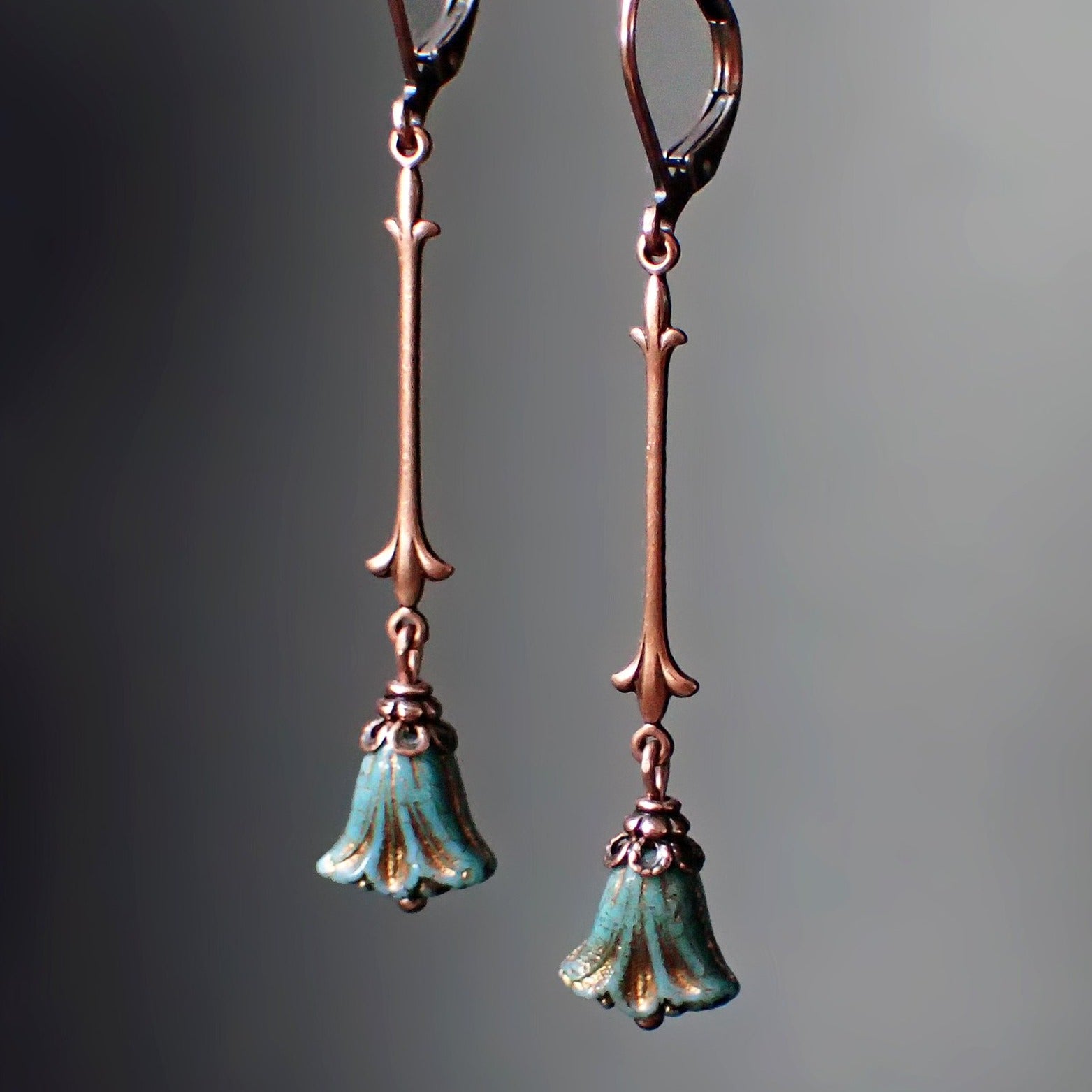 Turquoise Colored Lily Earrings with Antiqued Copper and Designer Czech Glass Beads