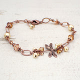 Copper Dragonfly Bracelet with Gold Crystals and Pearls