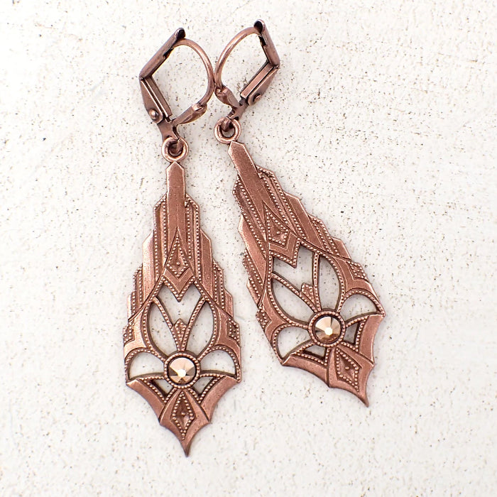 Dramatic Art Deco Earrings in Antiqued Copper