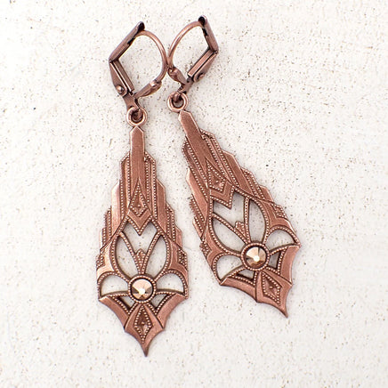 Dramatic Art Deco Earrings in Antiqued Copper with Crystals