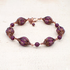 Artisan Czech Glass Chunky Melon Bead Bracelet with Elderberry Purple Pearls and Antiqued Copper