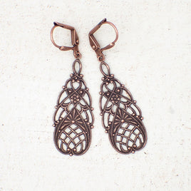 Vintage Style Floral Filigree Earrings in Antiqued Copper