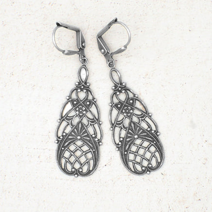 Vintage Style Floral Filigree Earrings in Antiqued Silver