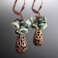 Teal Flower Cluster Earrings with Antiqued Copper Filigree