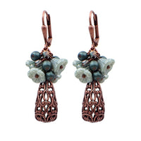 Teal Flower Cluster Earrings with Antiqued Copper Filigree