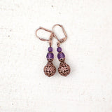 Amethyst Purple Crystal Earrings with Copper Floral Filigree Beads
