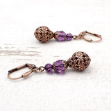 Amethyst Purple Earrings with Crystals and Copper Floral Filigree Beads