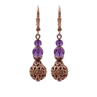 Amethyst Purple Crystal Earrings with Copper Floral Filigree Beads