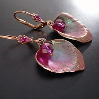 Shimmering Pink and Green Rose Flower Petal Lever Back Earrings with Fuchsia Crystals and USA-made Antiqued Copper