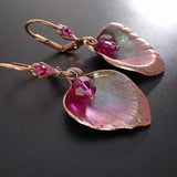 Shimmering Pink and Green Rose Flower Petal Lever Back Earrings with Fuchsia Crystals and USA-made Antiqued Copper