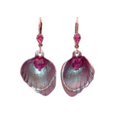 Shimmering Pink and Green Rose Flower Petal Lever Back Earrings with Fuchsia Crystals and USA-made Antiqued Copper