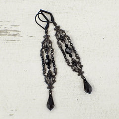 Gothic Black Filigree and Chain Earrings with Crystals