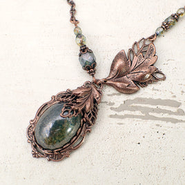 Woodland Green Cabochon Necklace in Antiqued Copper