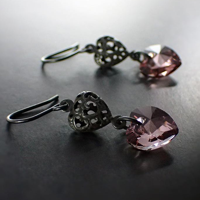 gothic lolita black and pink heart filigree earrings