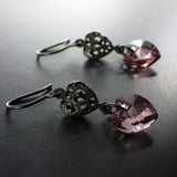 gothic lolita black and pink heart filigree earrings
