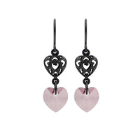 Antique Pink Crystal Heart Earrings with Black Metal