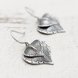 Antiqued Silver Heart-Shaped Leaf Earrings
