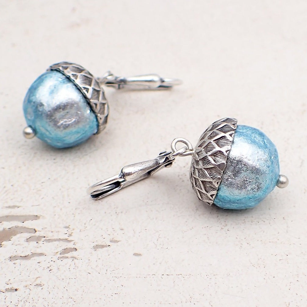 Iridescent Silver and Blue Acorn Earrings