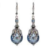 Iridescent Blue Grey Glass Teardrop Earrings with Antiqued Silver Filigree