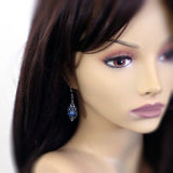 Iridescent Blue Grey Glass Teardrop Earrings with Antiqued Silver Filigree