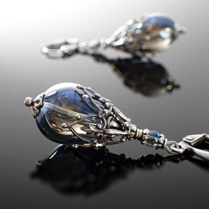 Iridescent Blue Grey Glass Teardrop Earrings with Antiqued Silver Filigree