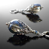 Iridescent Blue Grey Glass Teardrop Earrings with Antiqued Silver Filigree