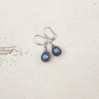 Bright Blue and Silver Caged Earrings with Crystal Simulated Pearls