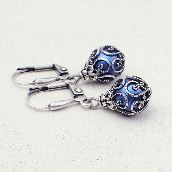Bright Blue and Silver Caged Earrings with Crystal Simulated Pearls