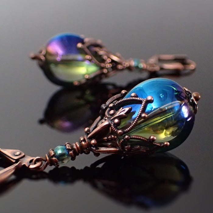 Iridescent Green Glass Teardrop Earrings with Antiqued Copper Filigree