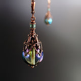 Iridescent Green Glass Teardrop Earrings with Antiqued Copper Filigree